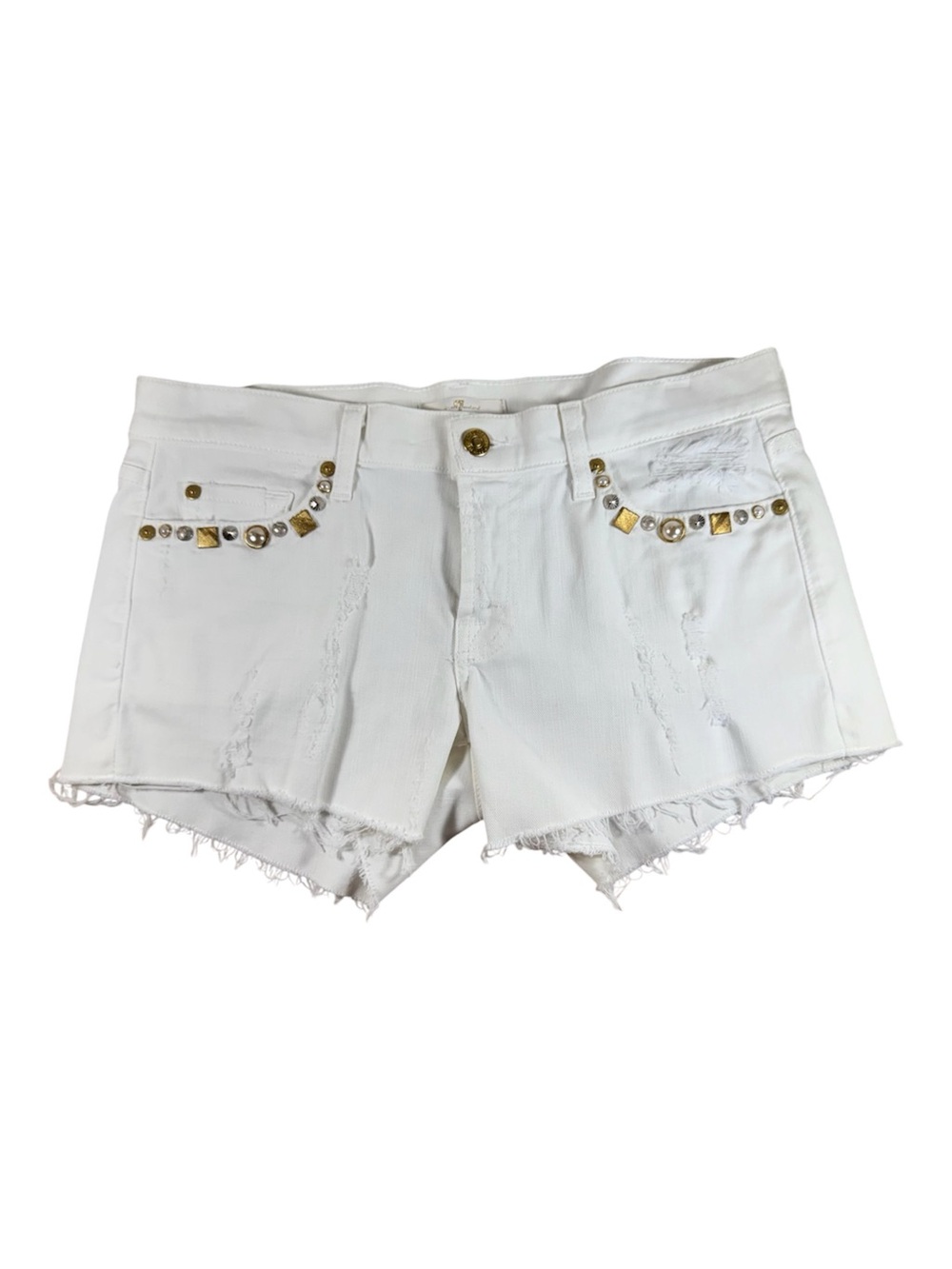 7 For All Mankind White Distressed Embellished Gold Cut Off Denim Short Women 27